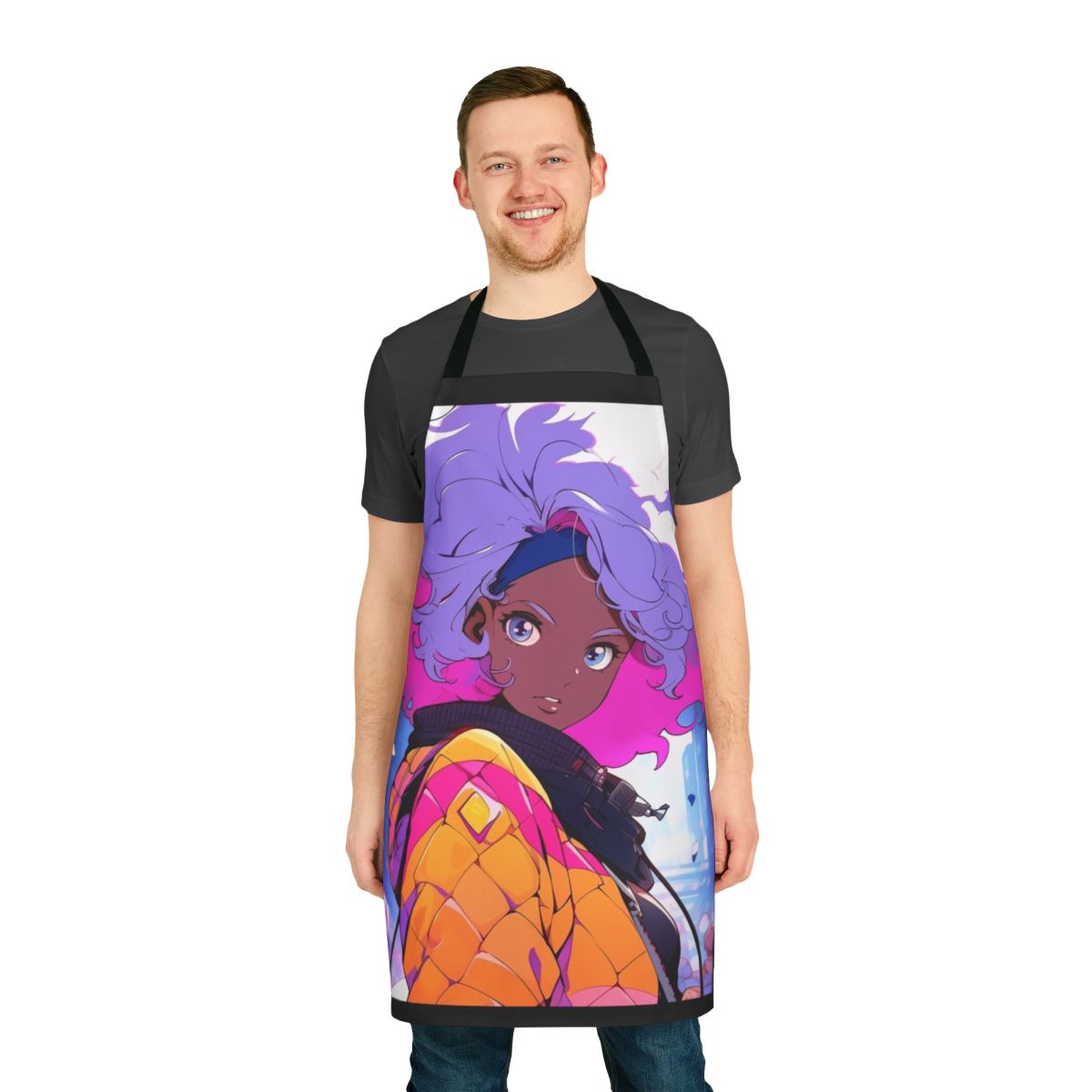 Image of a black or African American lofi girl wearing a reflective apron with a chill, synthwave, or vaporwave aesthetic.
