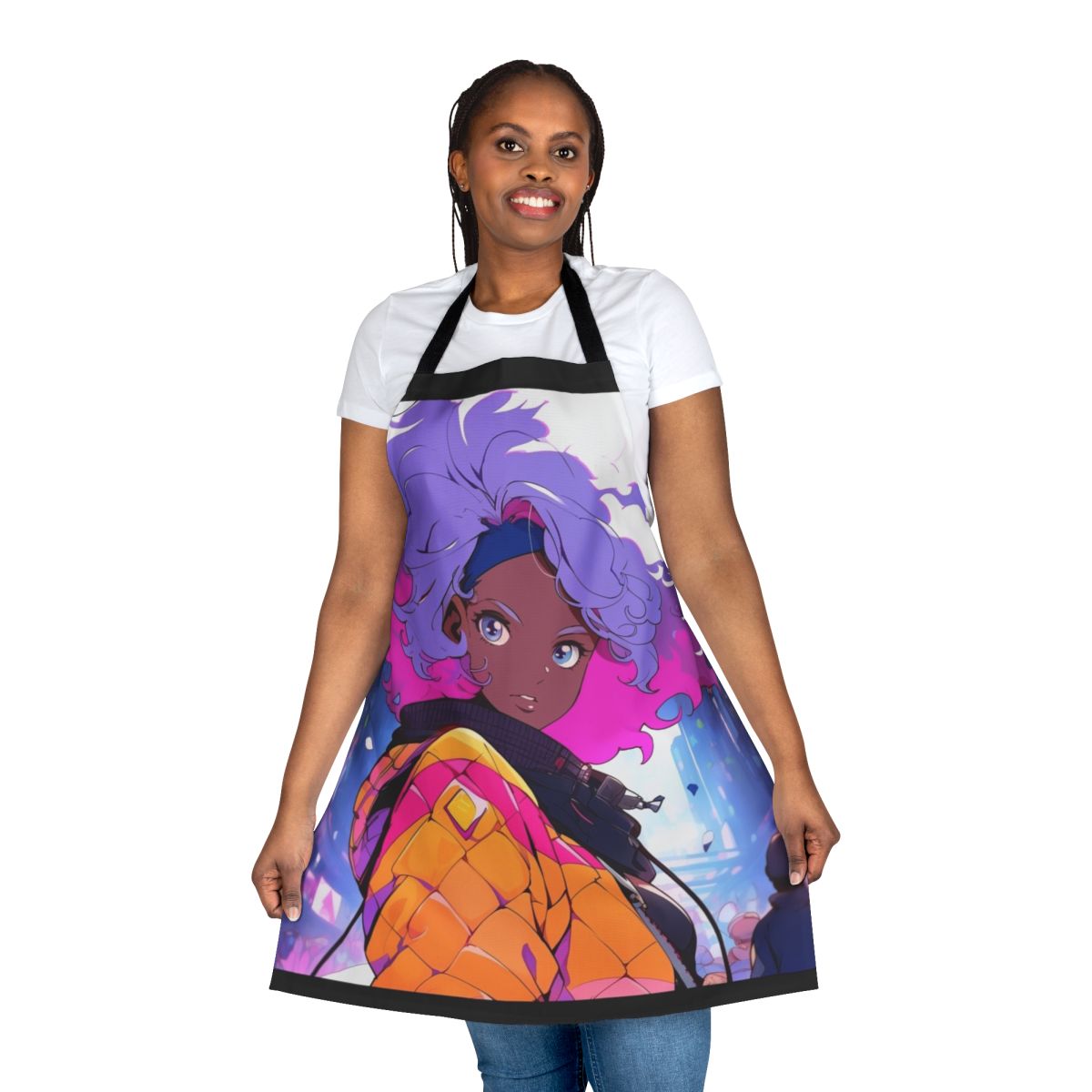 Image of a black or African American lofi girl wearing a reflective apron with a chill, synthwave, or vaporwave aesthetic.