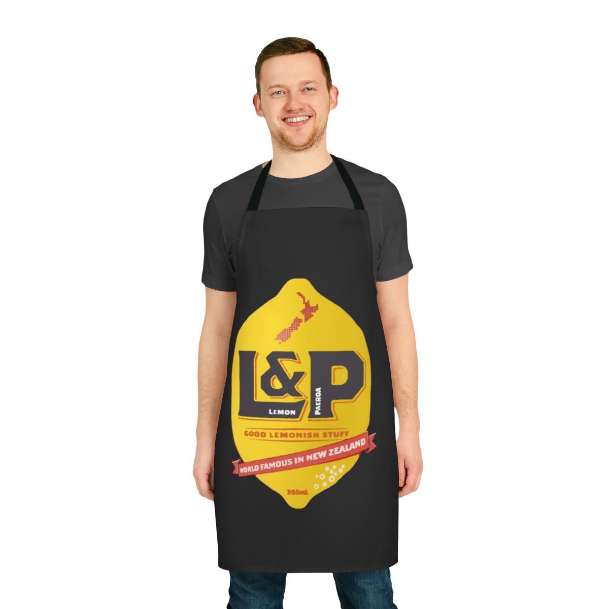 Lemon Paeroa-themed apron with a New Zealand drink design