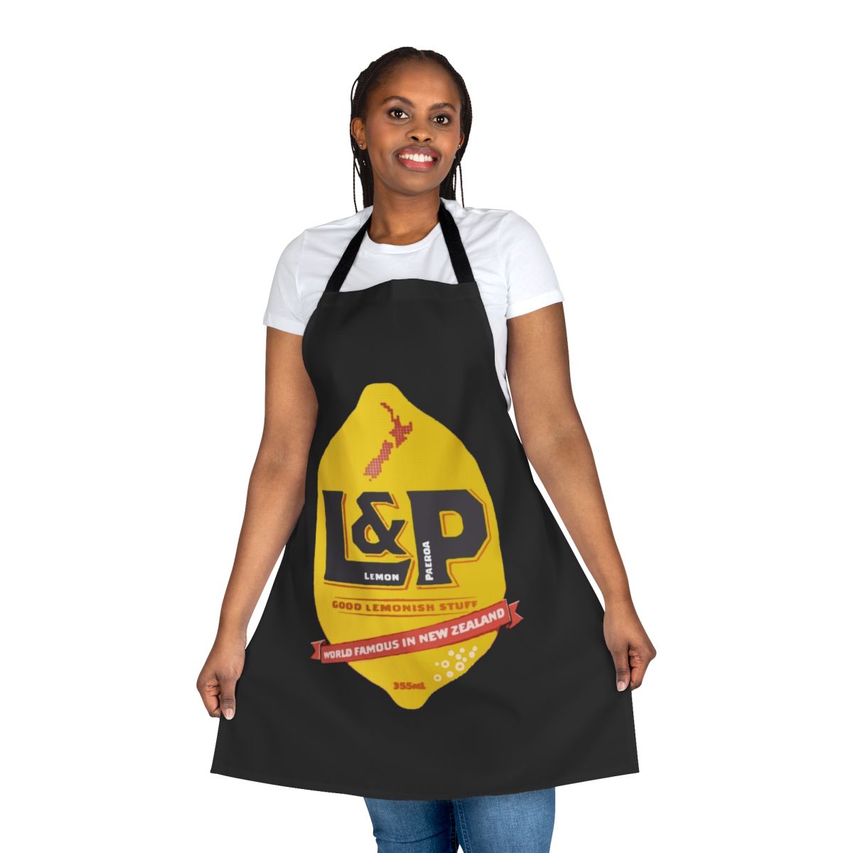 Lemon Paeroa-themed apron with a New Zealand drink design