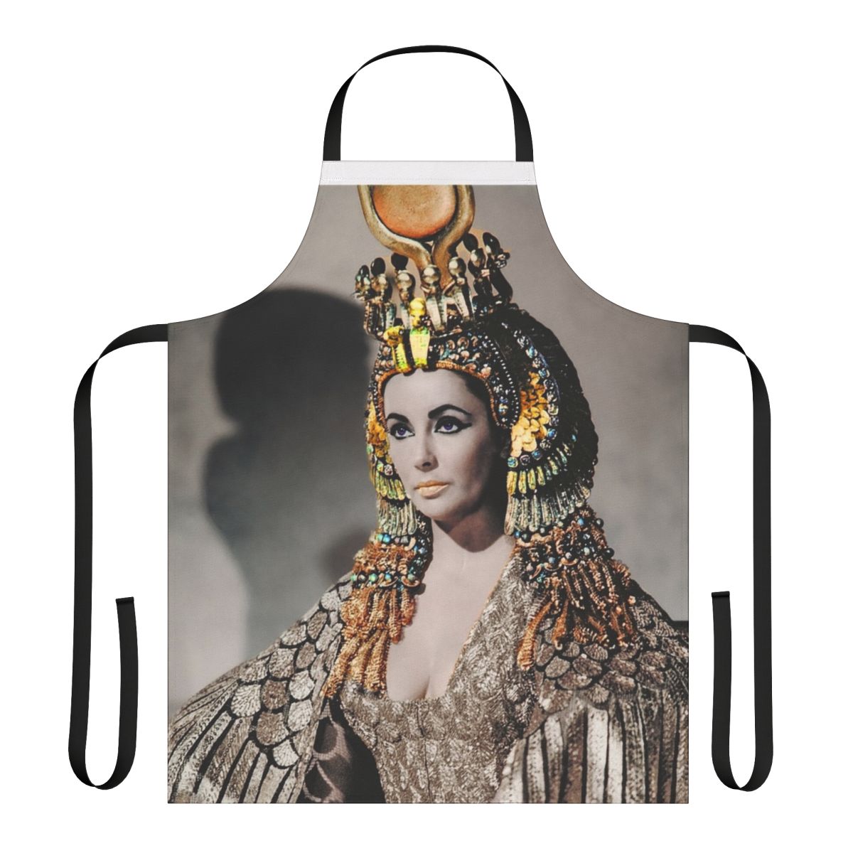 Regal Cleopatra-inspired apron with turquoise and gold details, reminiscent of Elizabeth Taylor's iconic movie costume