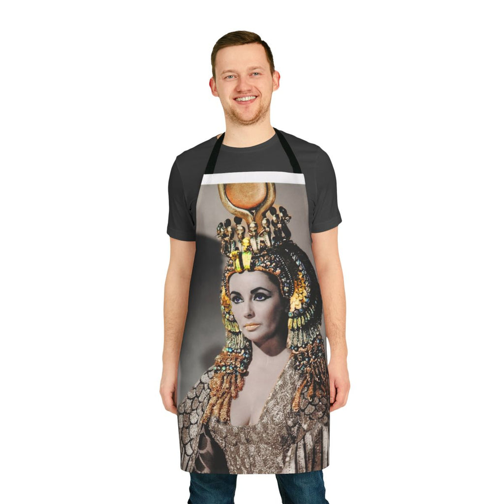Regal Cleopatra-inspired apron with turquoise and gold details, reminiscent of Elizabeth Taylor's iconic movie costume