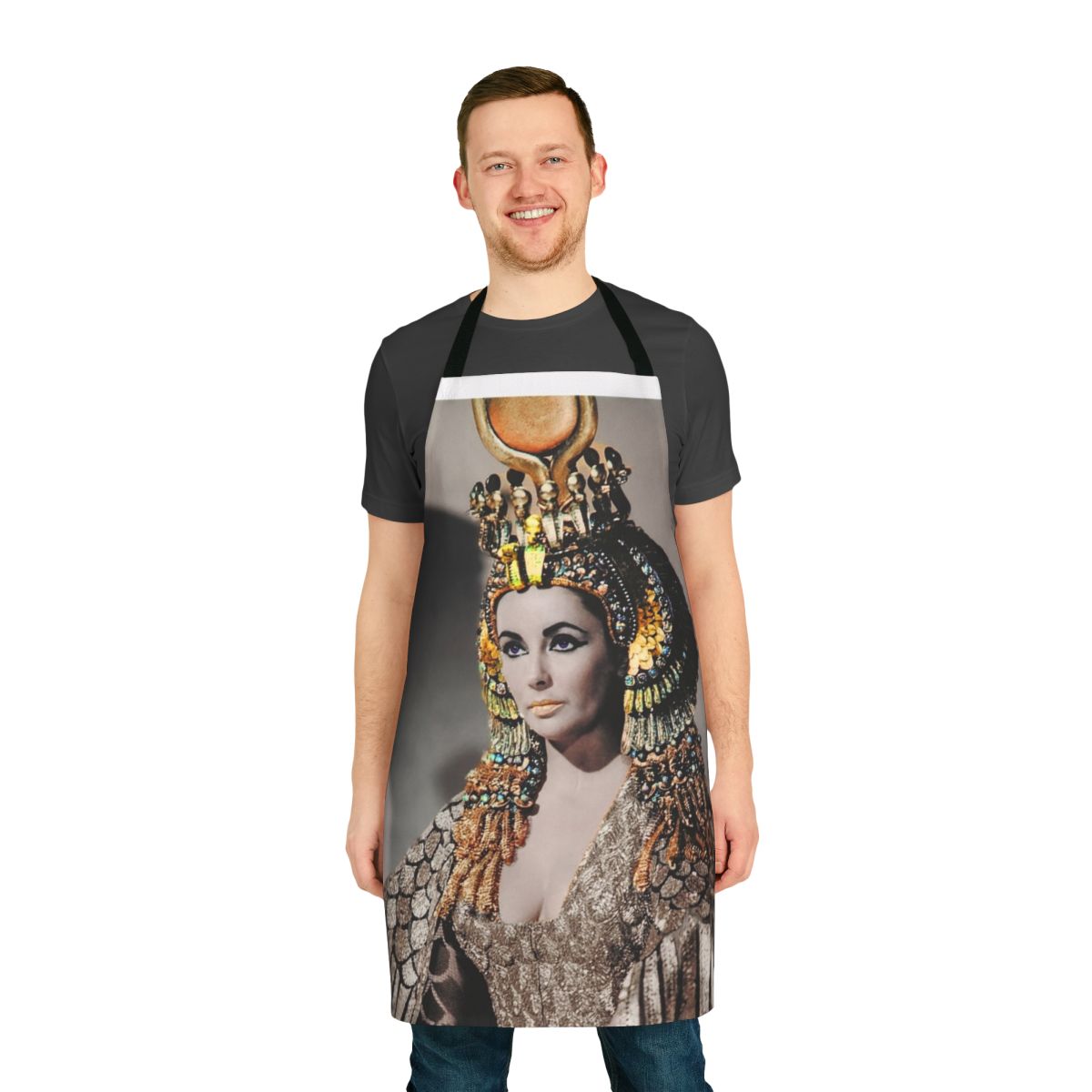 Regal Cleopatra-inspired apron with turquoise and gold details, reminiscent of Elizabeth Taylor's iconic movie costume