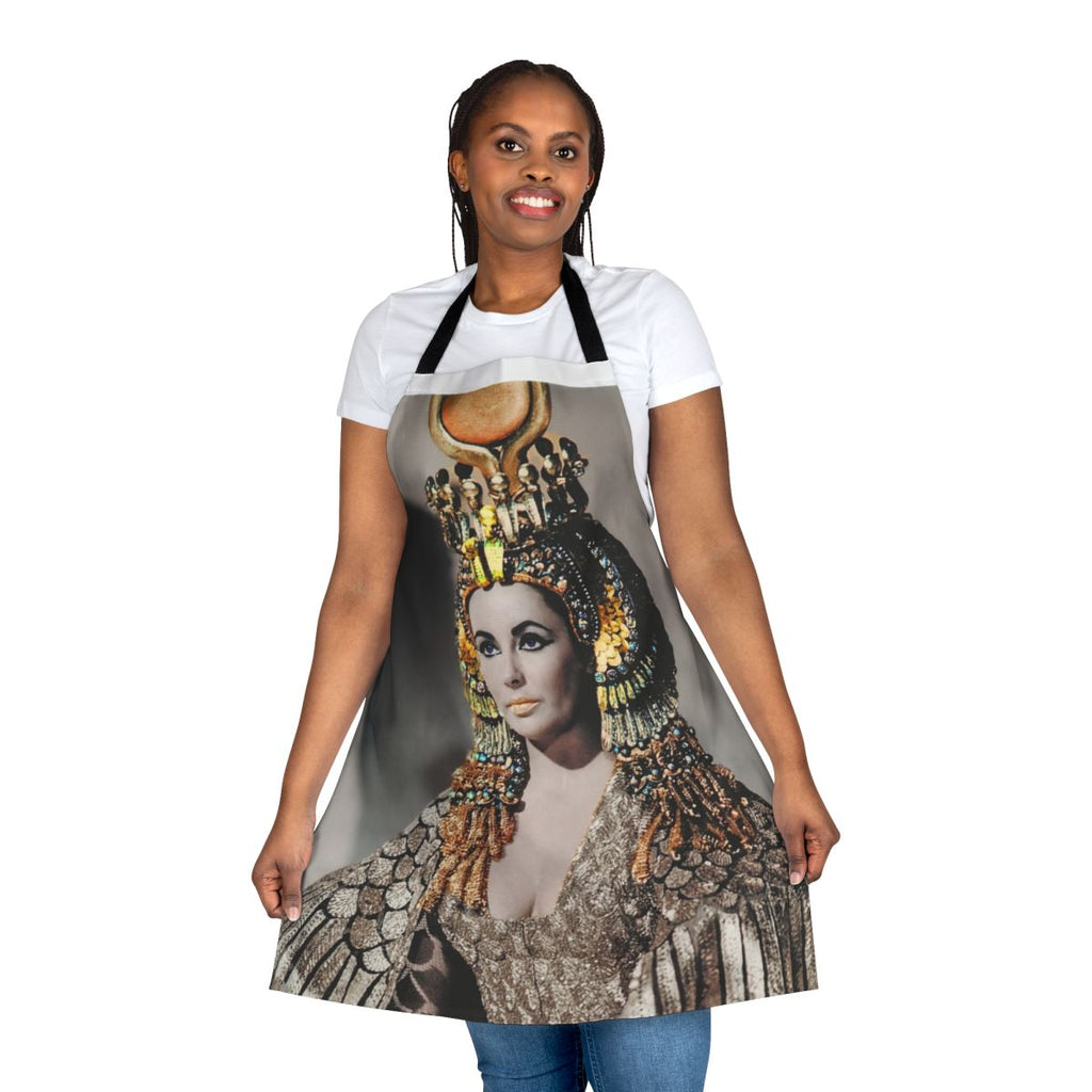 Regal Cleopatra-inspired apron with turquoise and gold details, reminiscent of Elizabeth Taylor's iconic movie costume