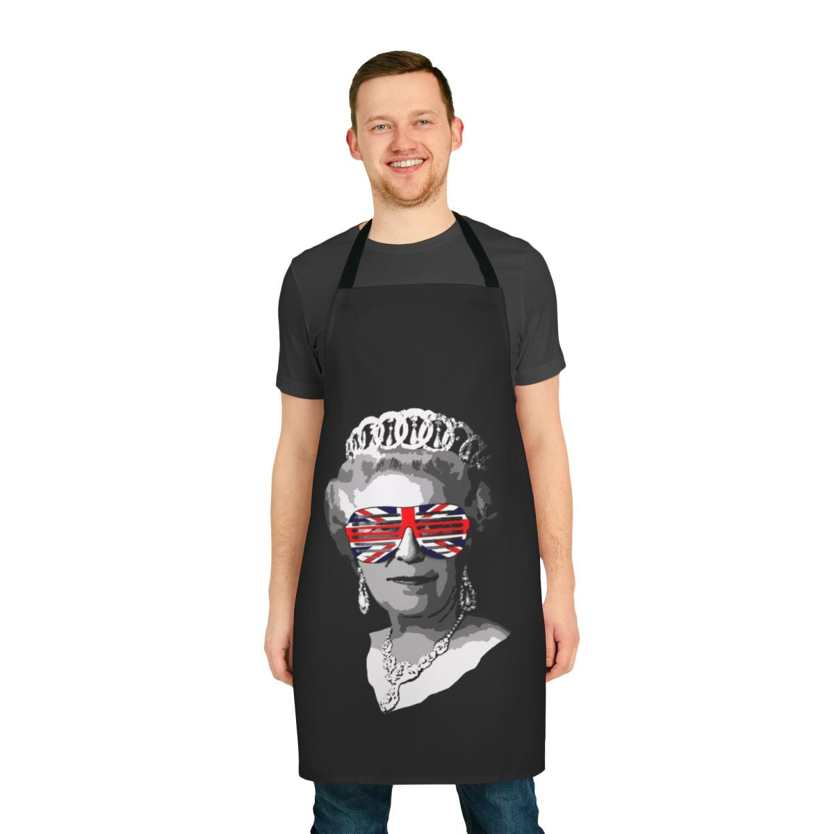 Queen Elizabeth inspired apron with British flags and crowns