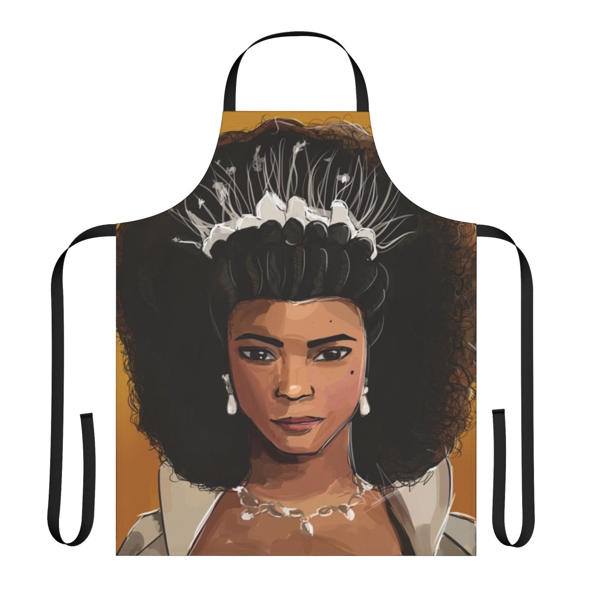 Digital illustration of a yellow apron featuring the character Queen Charlotte from the Netflix series Bridgerton.