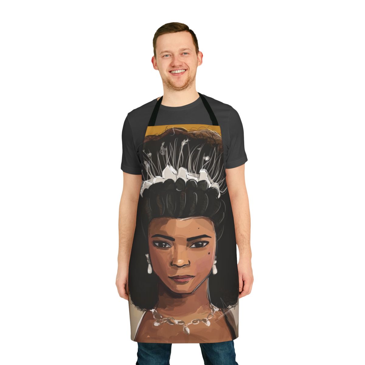 Digital illustration of a yellow apron featuring the character Queen Charlotte from the Netflix series Bridgerton.