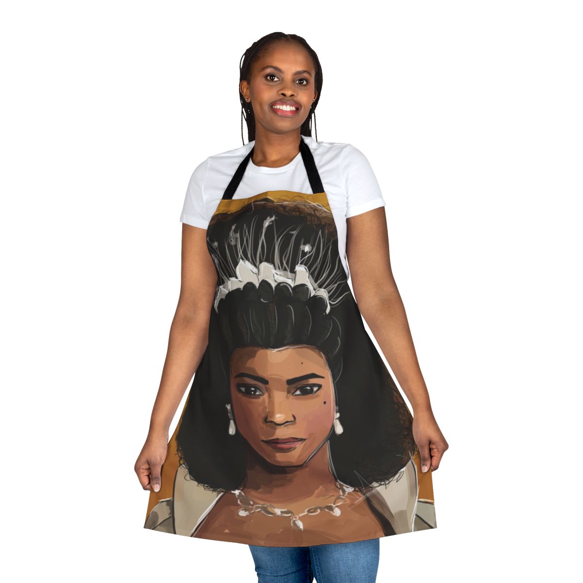 Digital illustration of a yellow apron featuring the character Queen Charlotte from the Netflix series Bridgerton.