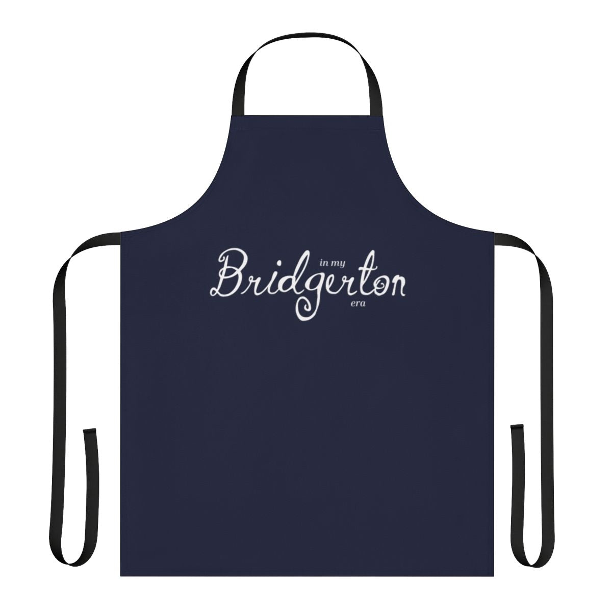 A white linen apron with a Regency-era inspired design, perfect for fans of the Bridgerton series.