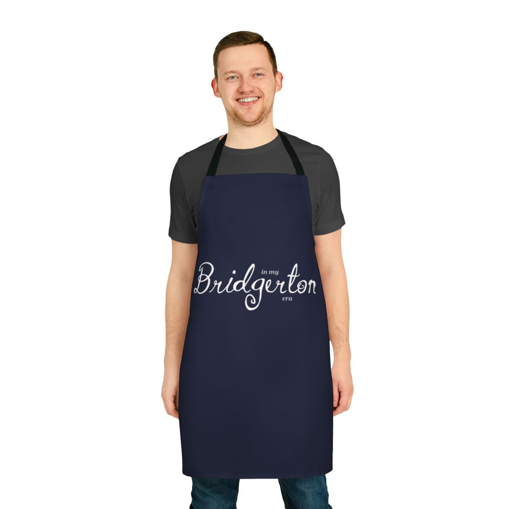 A white linen apron with a Regency-era inspired design, perfect for fans of the Bridgerton series.