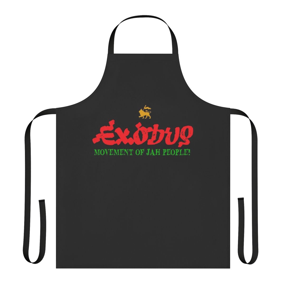 Vibrant apron featuring Rasta colors and Exodus imagery for reggae and Rastafarian culture enthusiasts