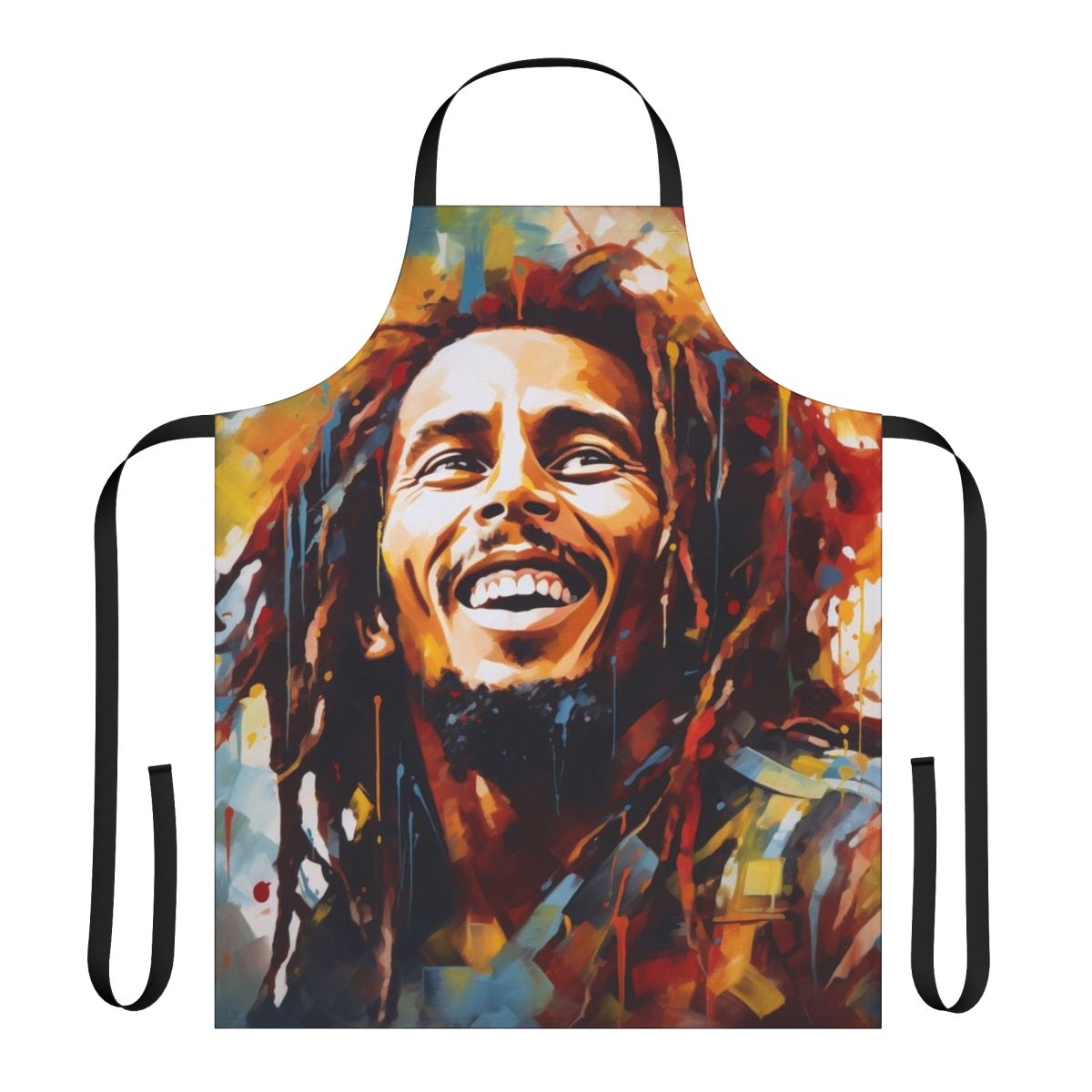 Vibrant apron featuring a colorful Bob Marley-inspired artwork design