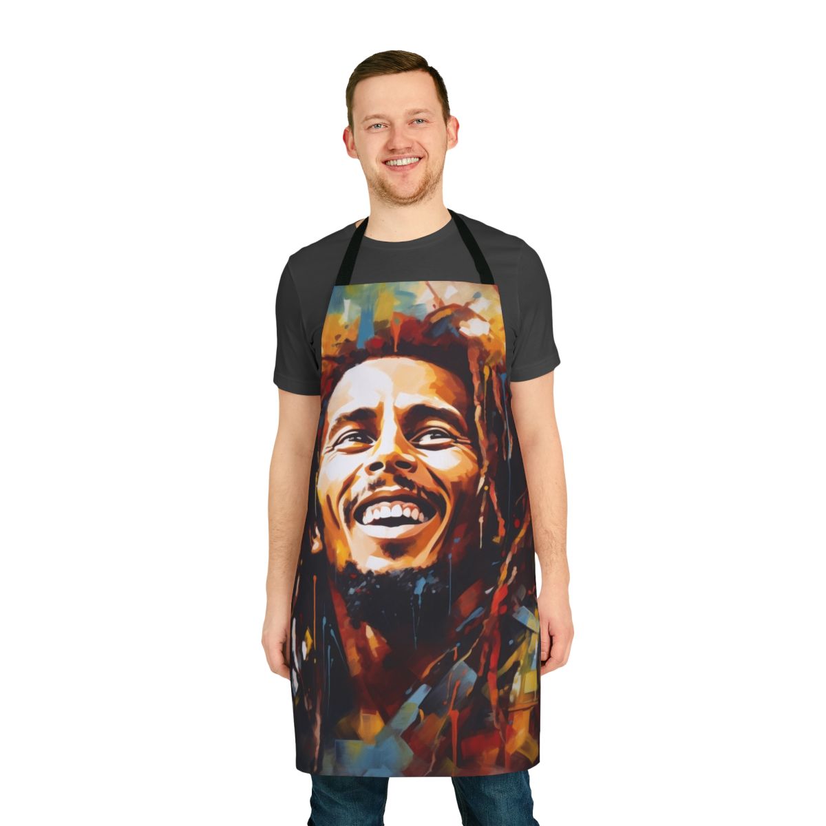 Vibrant apron featuring a colorful Bob Marley-inspired artwork design