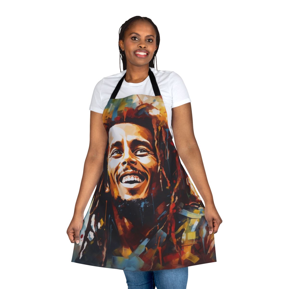 Vibrant apron featuring a colorful Bob Marley-inspired artwork design