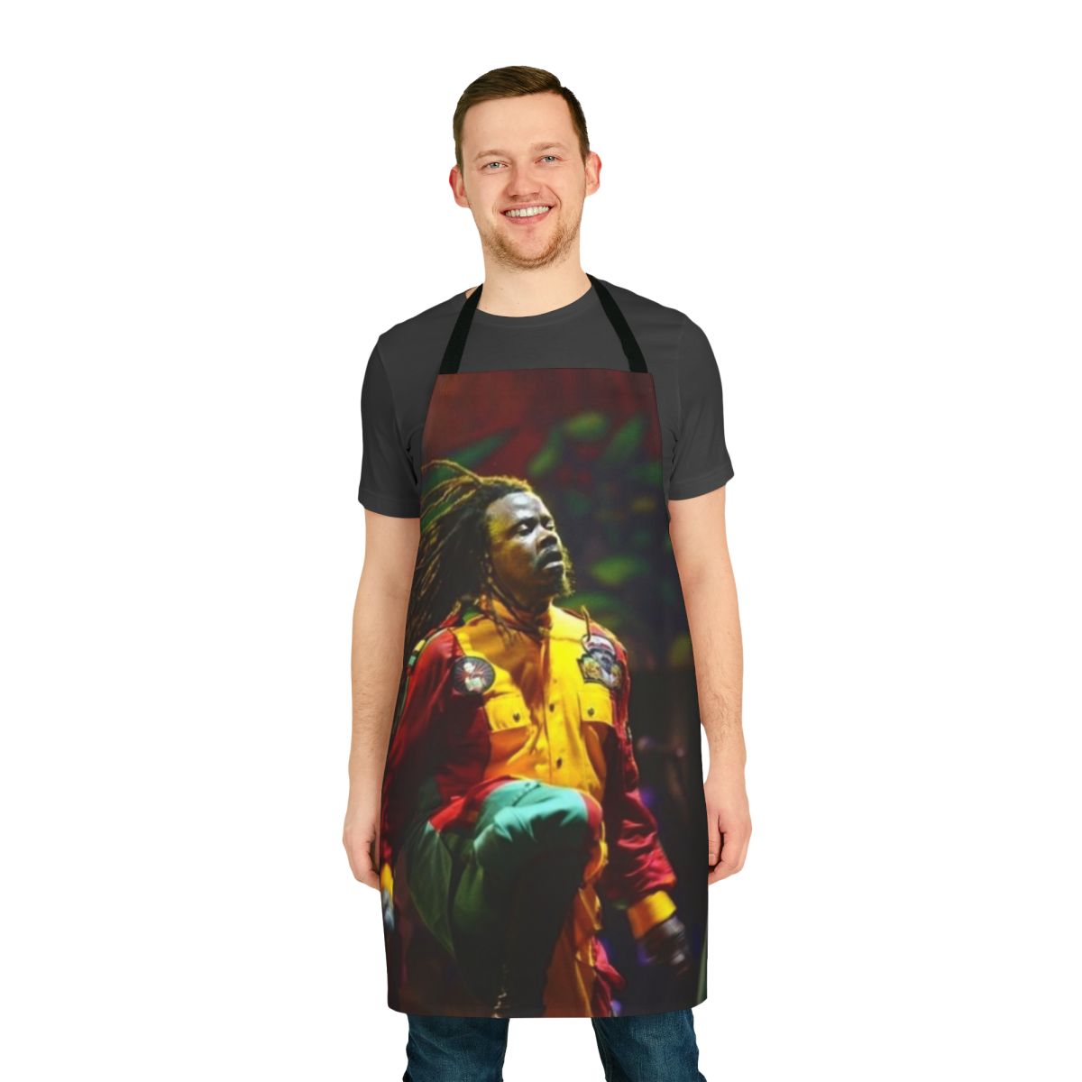 Luciano-inspired reggae apron featuring a rasta lion design