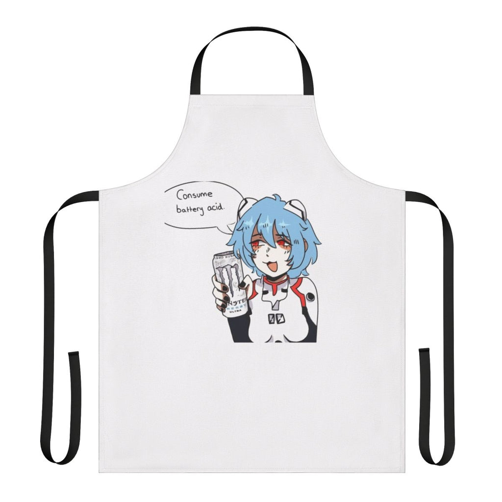 Rei Ayanami-themed apron with Monster Energy design, perfect for Evangelion fans and otaku home cooks.