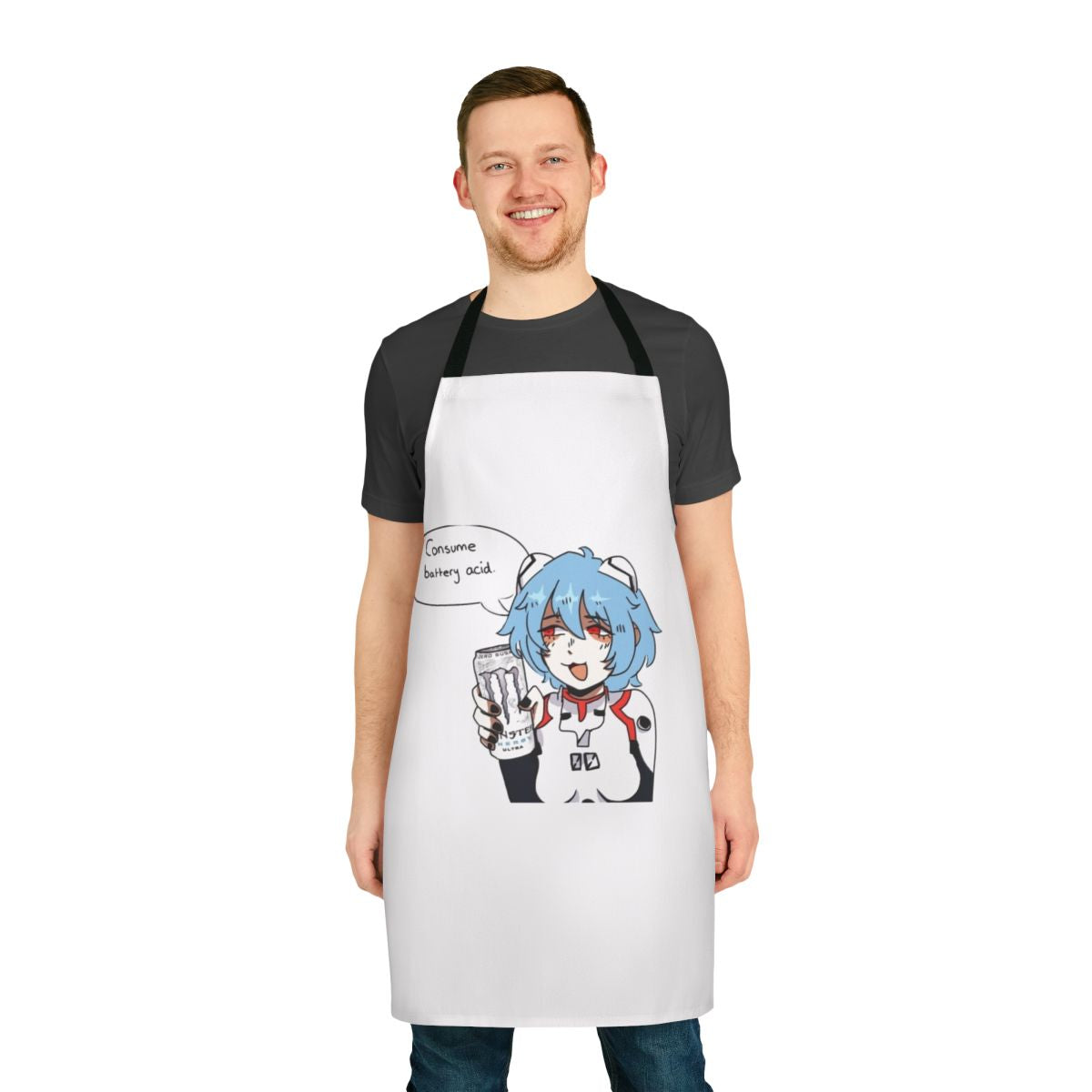 Rei Ayanami-themed apron with Monster Energy design, perfect for Evangelion fans and otaku home cooks.
