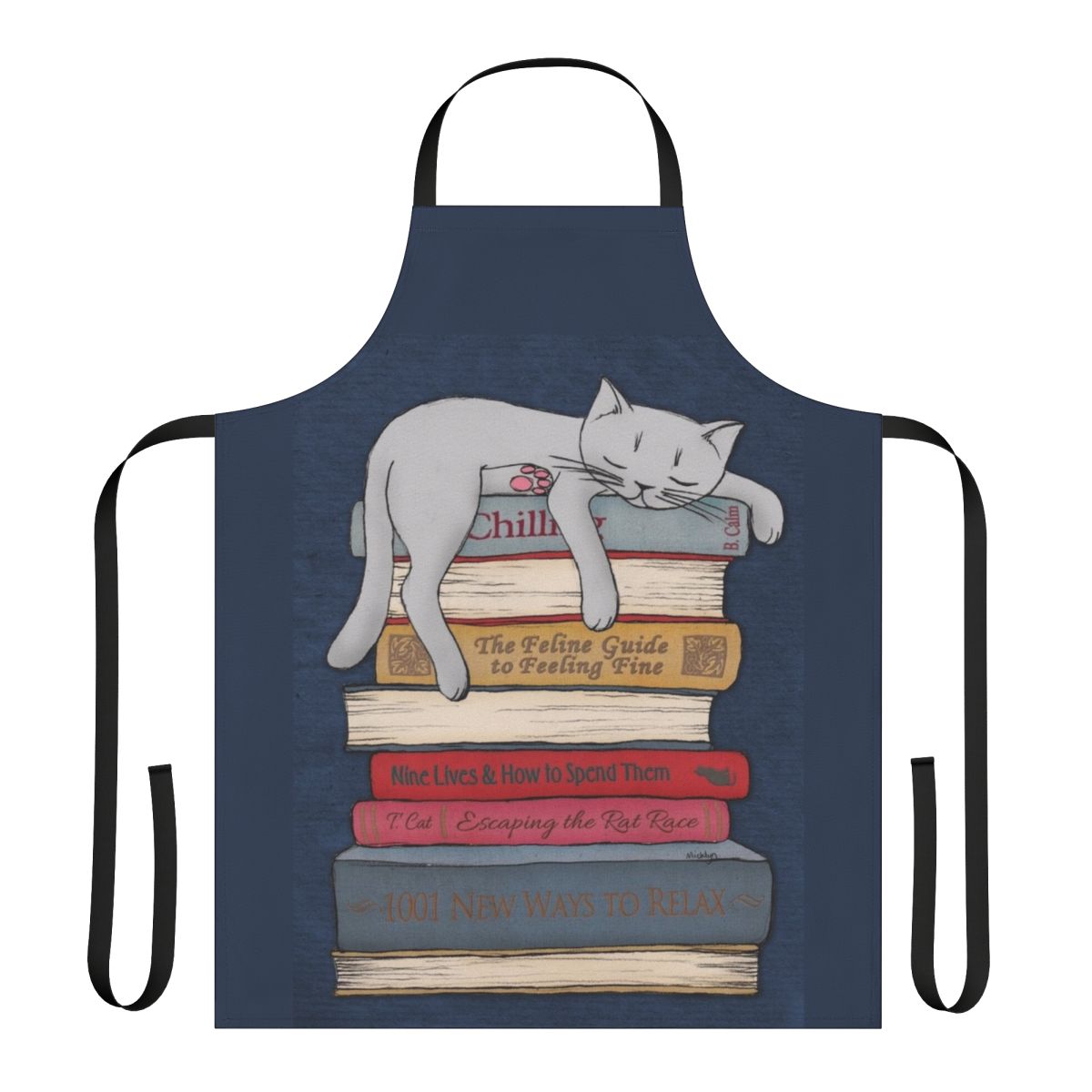 A grey apron with a cat sleeping design in blue and gold tones