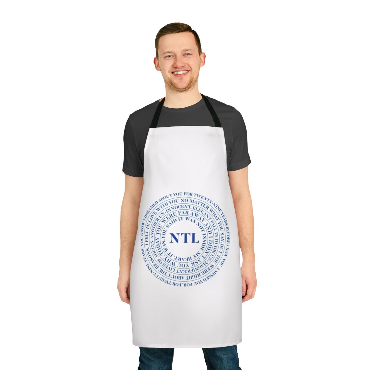 Relaxed fit apron with design inspired by lyrics from indie rock band The National
