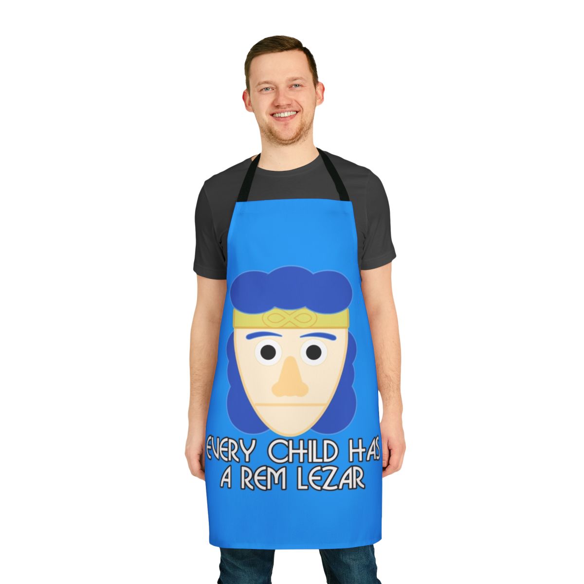 Rem Lezar inspired apron featuring a blue and strange design