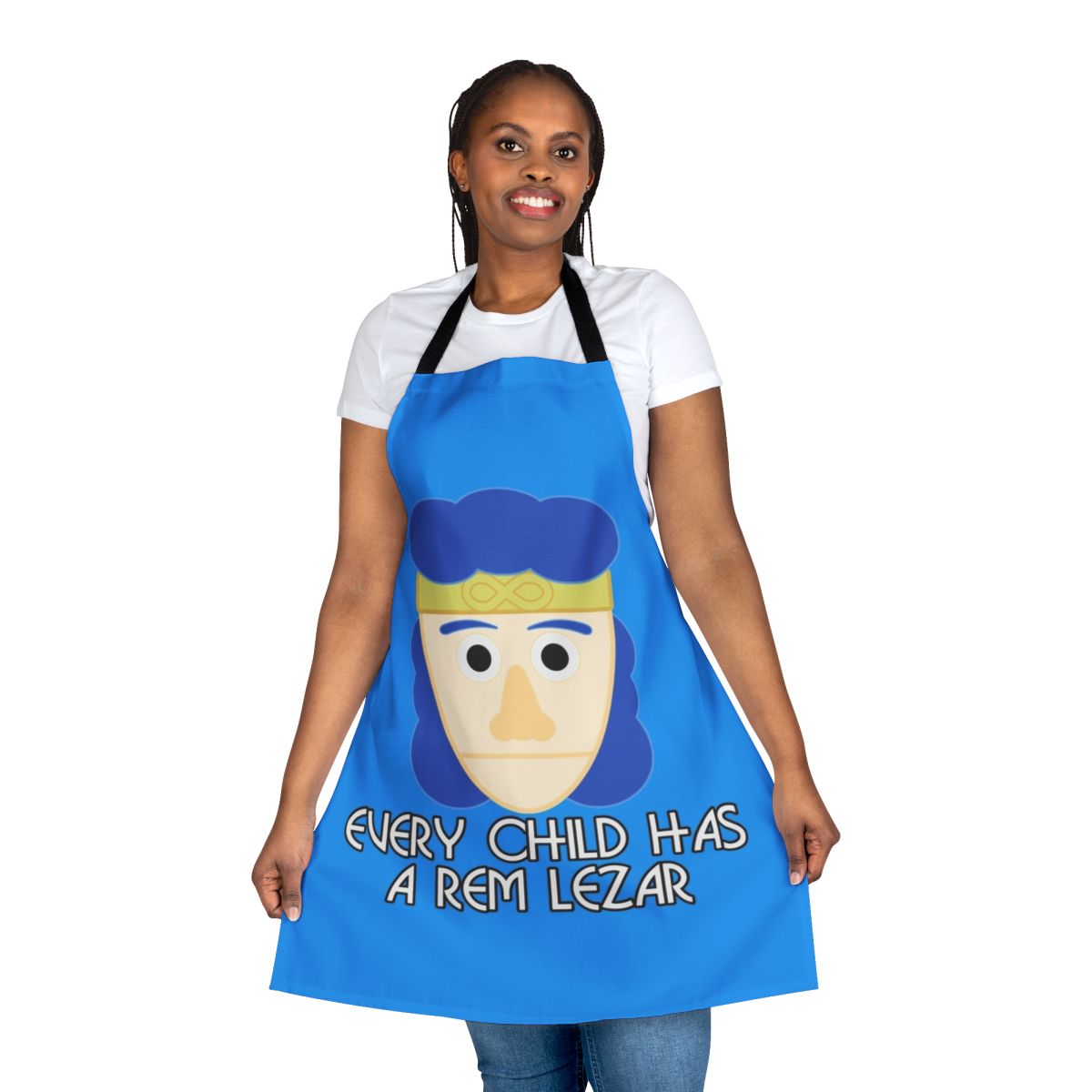 Rem Lezar inspired apron featuring a blue and strange design