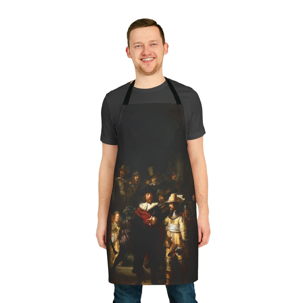Rembrandt-inspired art apron featuring the iconic Nachtwacht painting