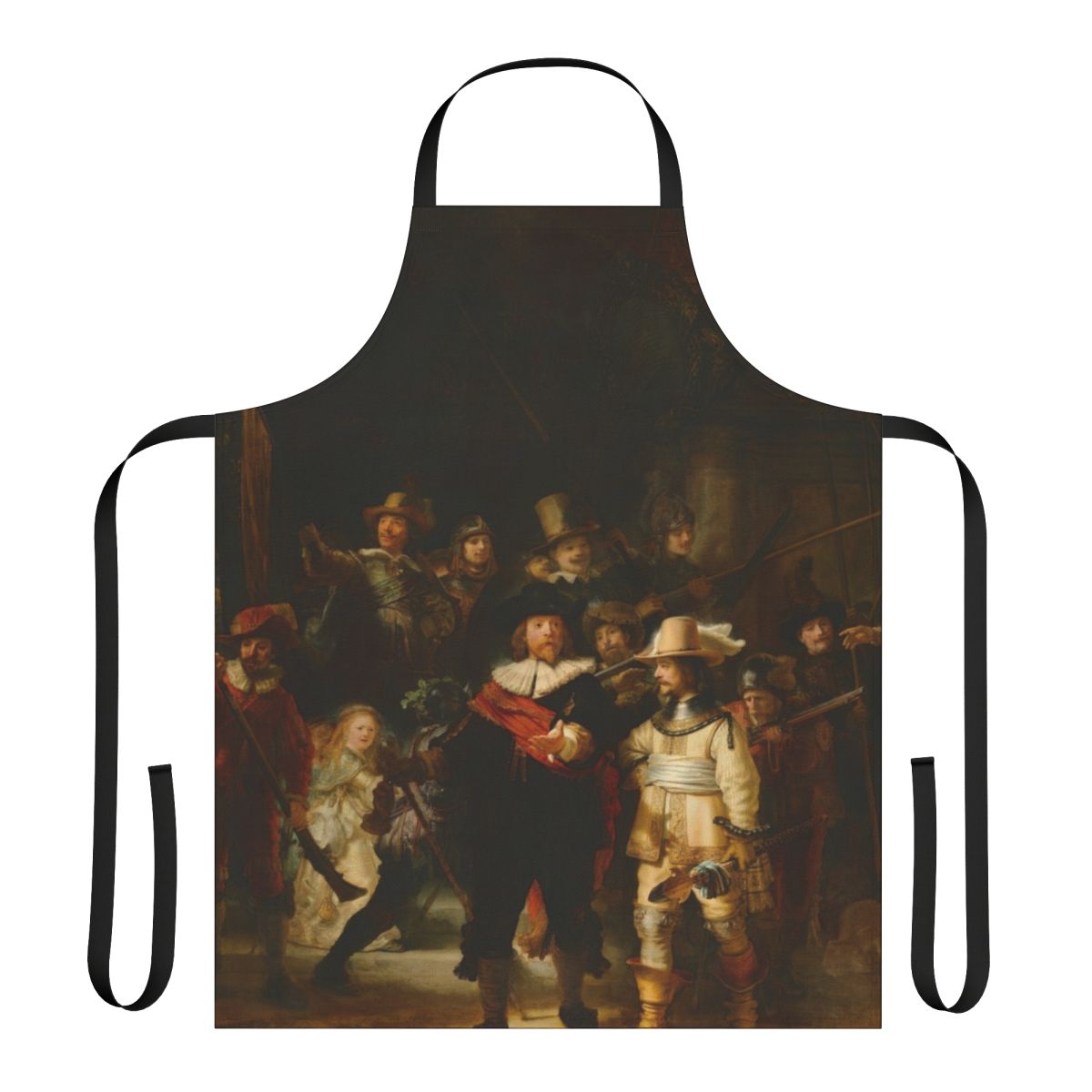 Rembrandt's "The Night Watch" inspired kitchen apron featuring the iconic Dutch baroque painting