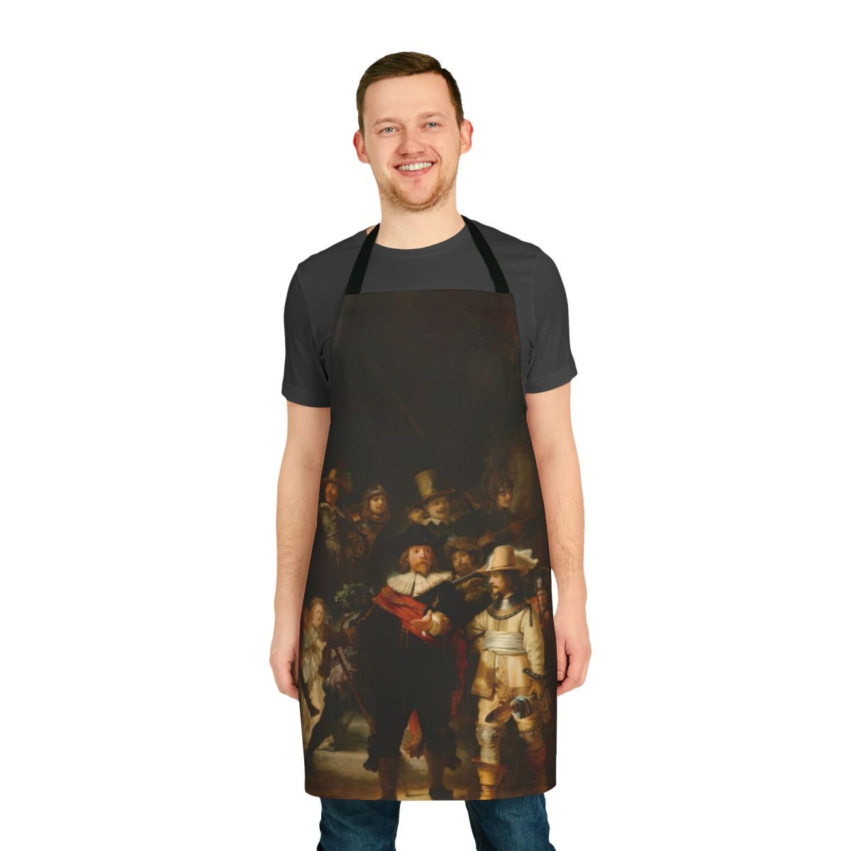 Rembrandt's "The Night Watch" inspired kitchen apron featuring the iconic Dutch baroque painting