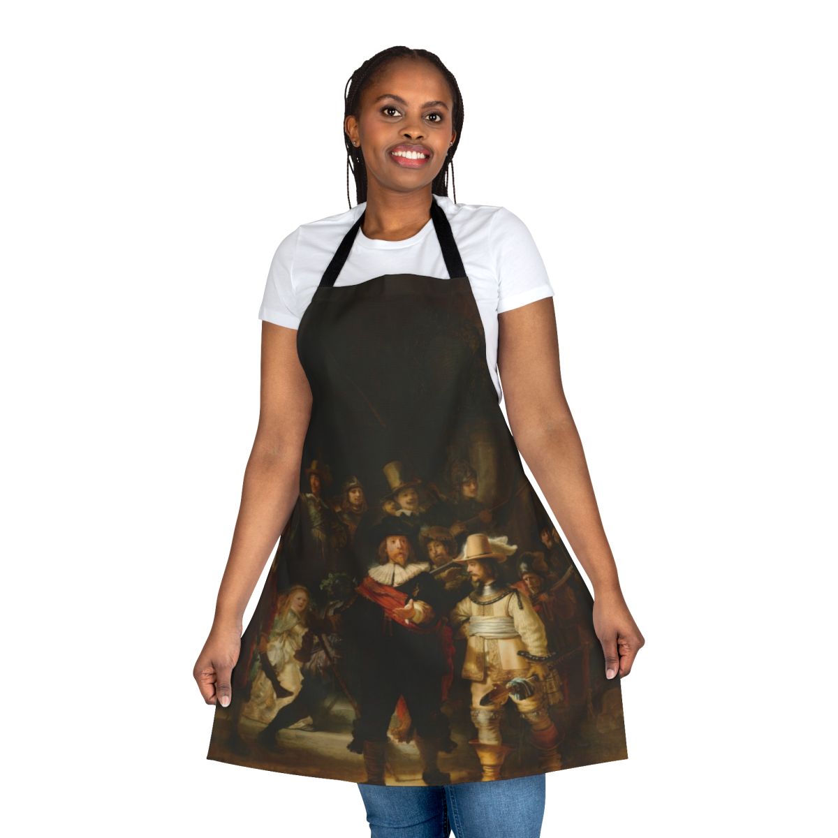 Rembrandt's "The Night Watch" inspired kitchen apron featuring the iconic Dutch baroque painting