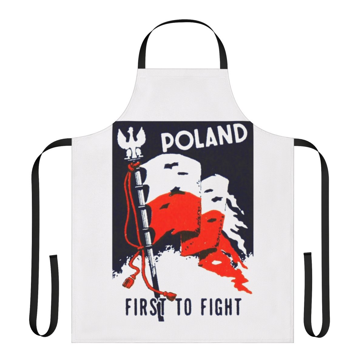 Apron featuring the Polish flag and text commemorating Poland's role as the first to fight against Nazi Germany in World War II.
