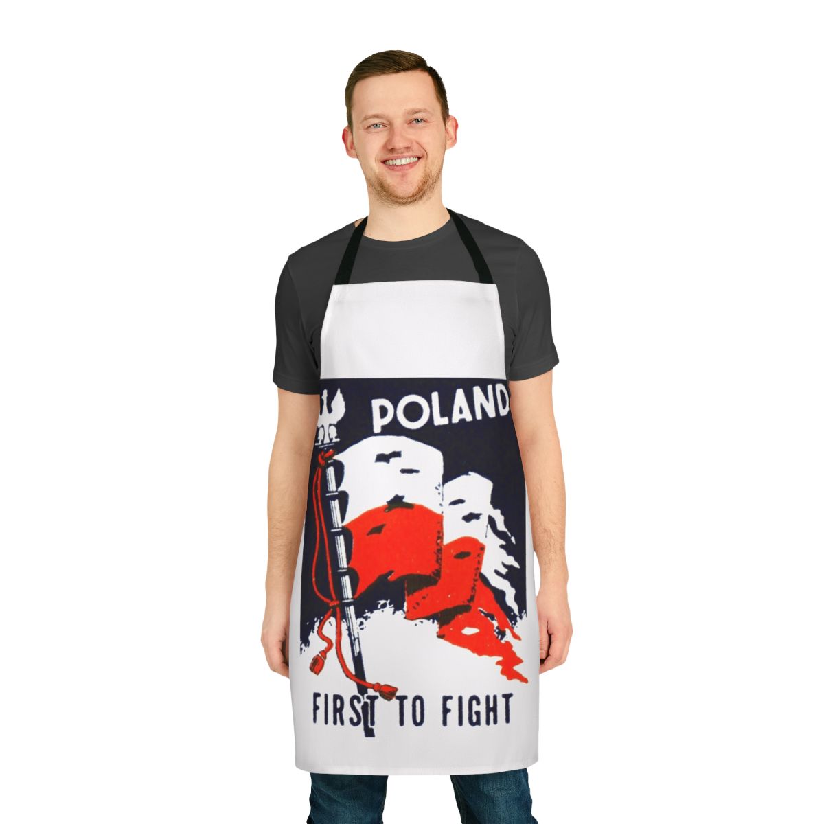 Apron featuring the Polish flag and text commemorating Poland's role as the first to fight against Nazi Germany in World War II.