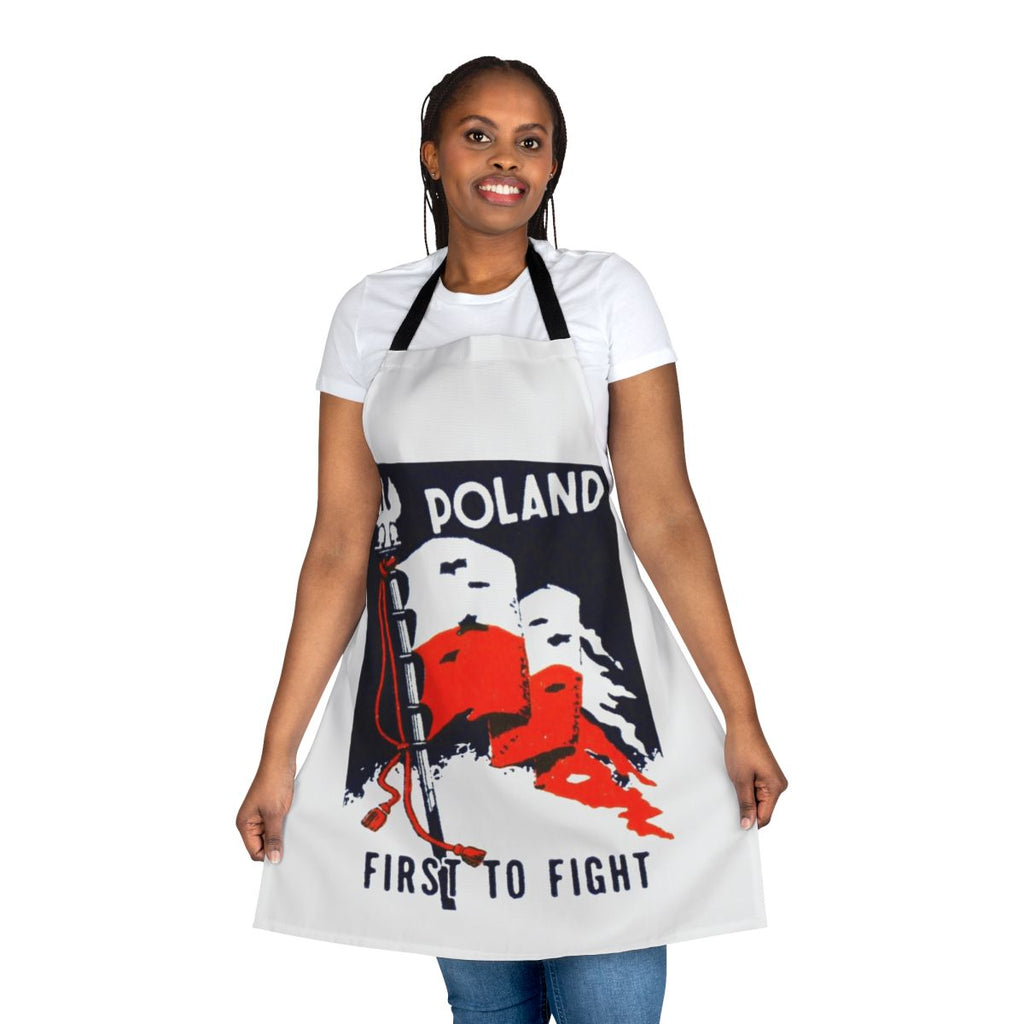 Apron featuring the Polish flag and text commemorating Poland's role as the first to fight against Nazi Germany in World War II.