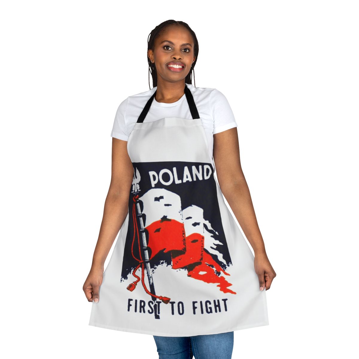 Apron featuring the Polish flag and text commemorating Poland's role as the first to fight against Nazi Germany in World War II.