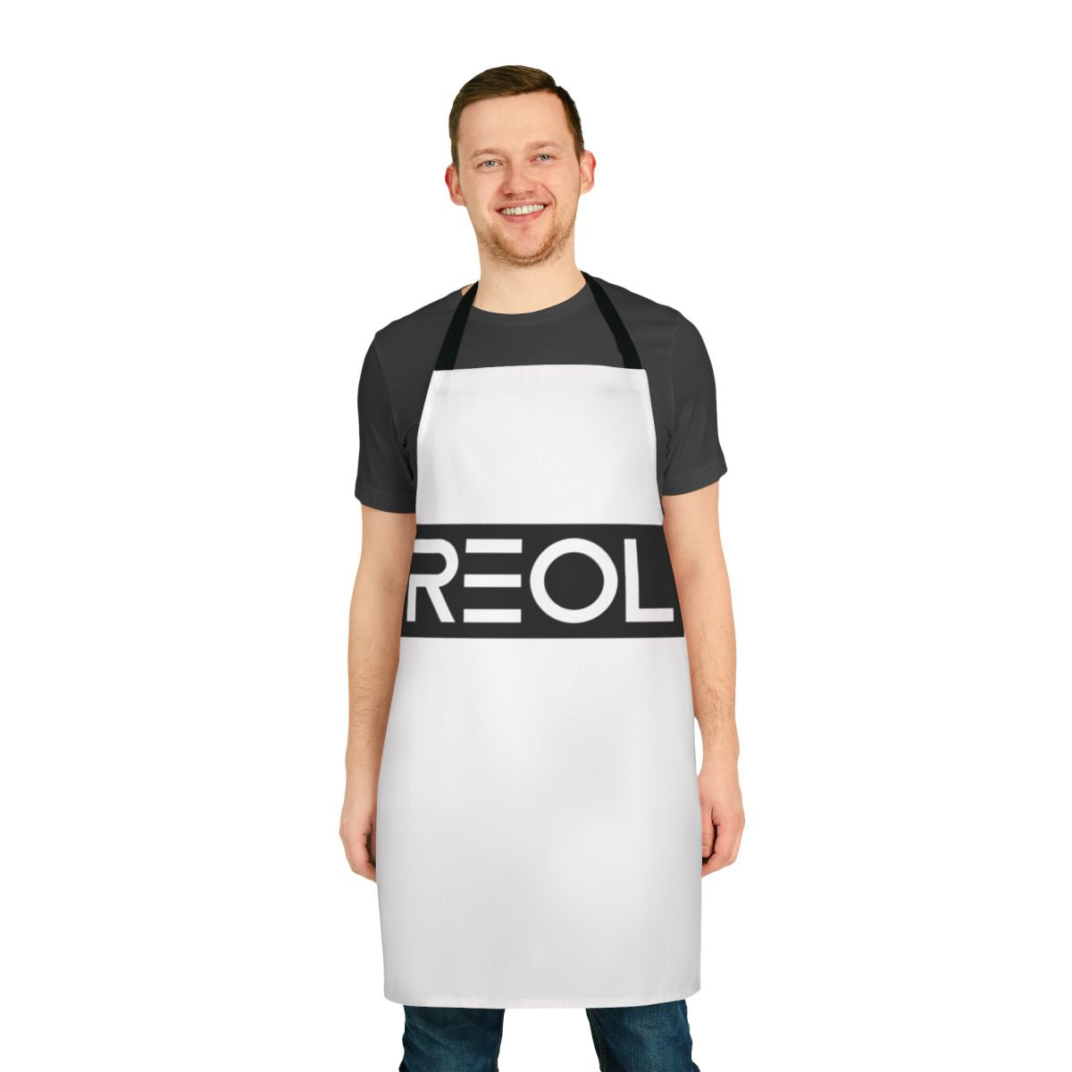Black apron featuring a Reol-inspired logo design, perfect for Marvel and comic book enthusiasts.