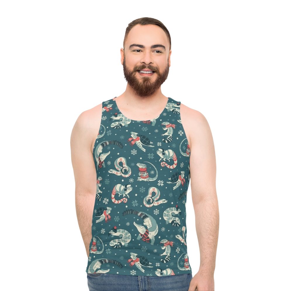Dark blue unisex tank top with winter herp pattern