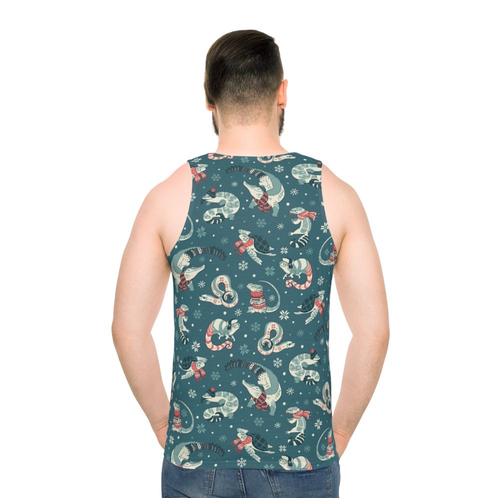 Dark blue unisex tank top with winter herp pattern