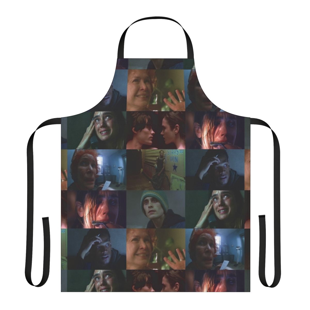 Requiem for a Dream themed apron with a dark, dramatic design