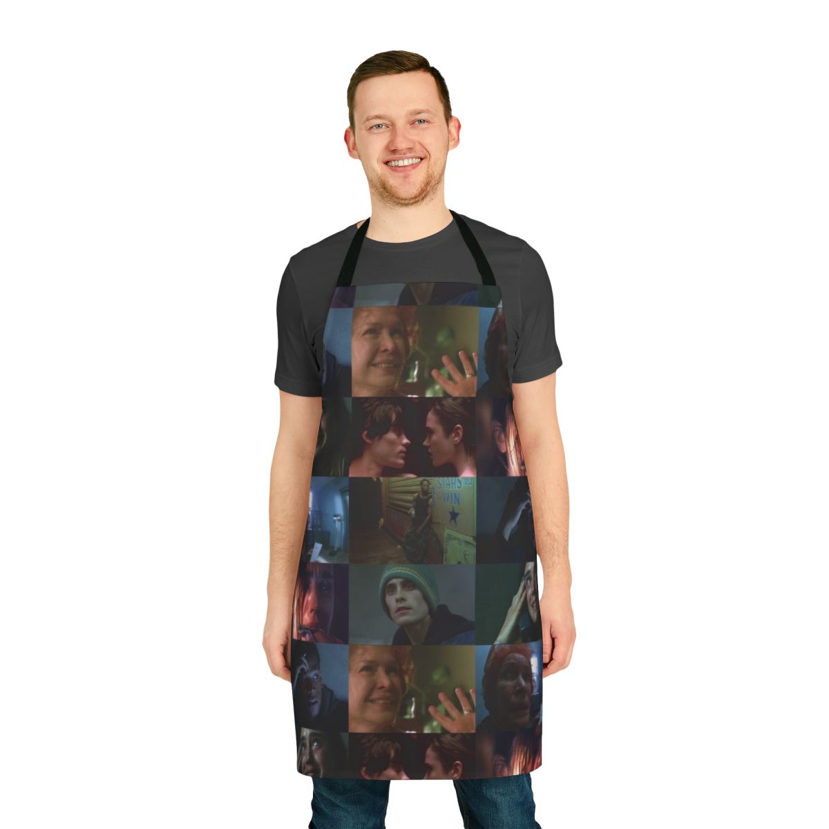 Requiem for a Dream themed apron with a dark, dramatic design