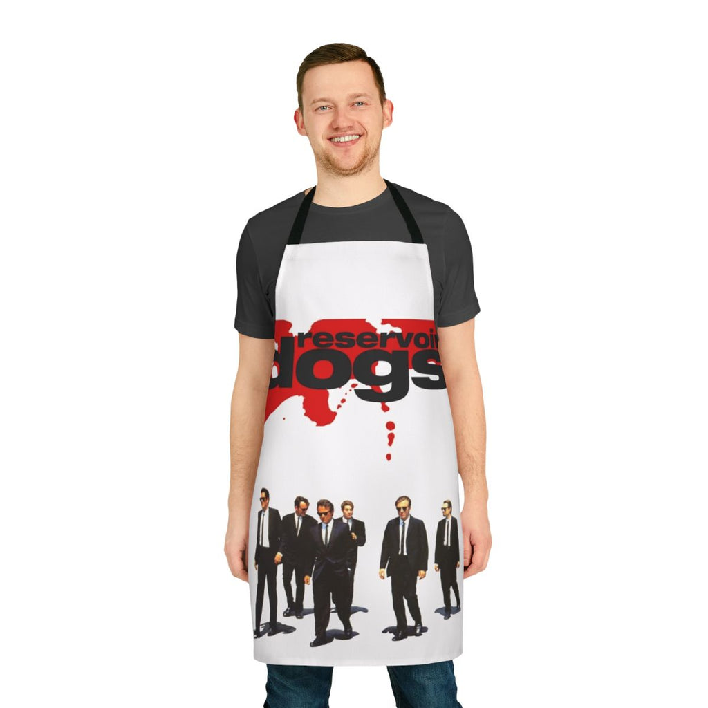 A black apron featuring the Reservoir Dogs movie logo and design, perfect for cooking and entertaining.