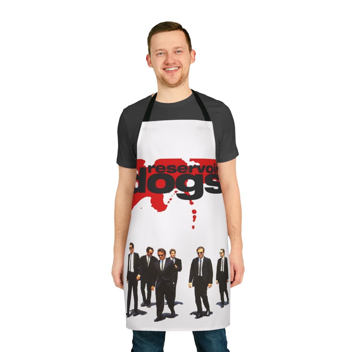 A black apron featuring the Reservoir Dogs movie logo and design, perfect for cooking and entertaining.