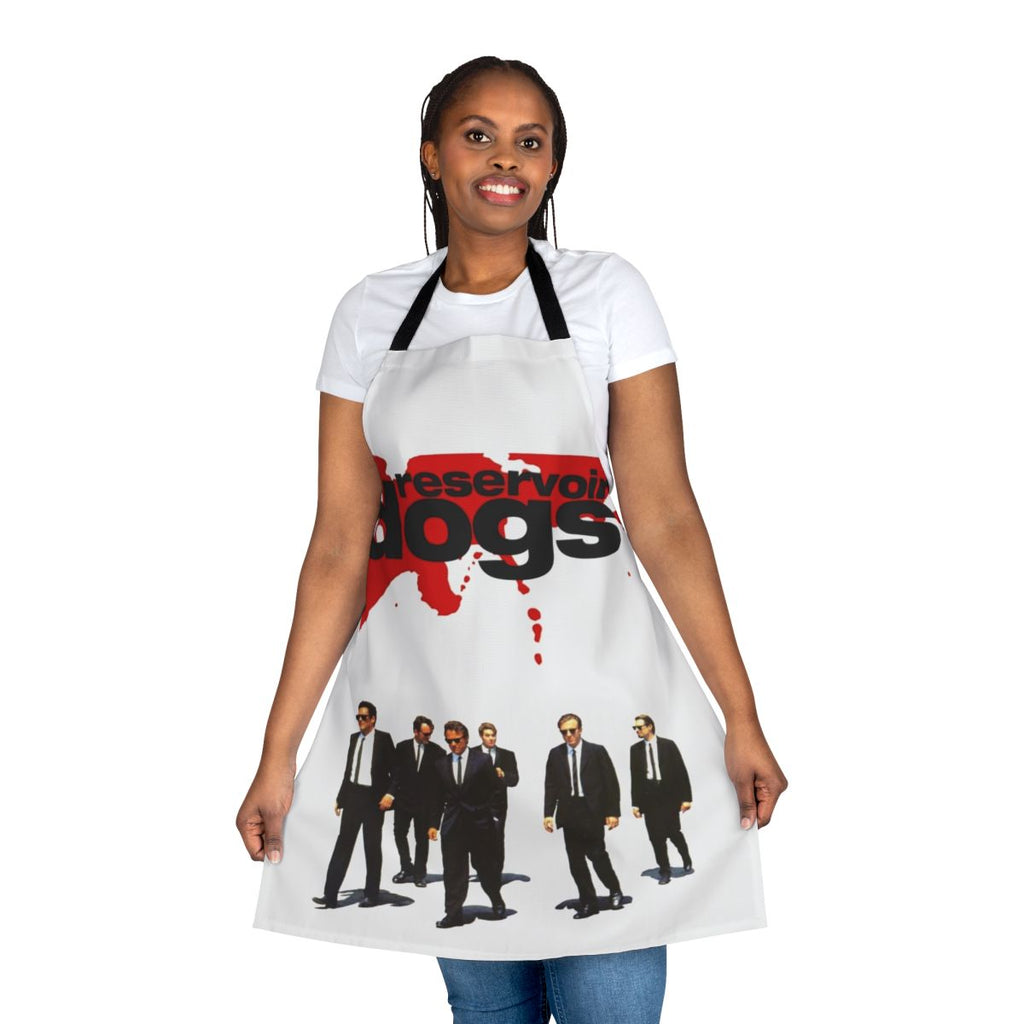 A black apron featuring the Reservoir Dogs movie logo and design, perfect for cooking and entertaining.
