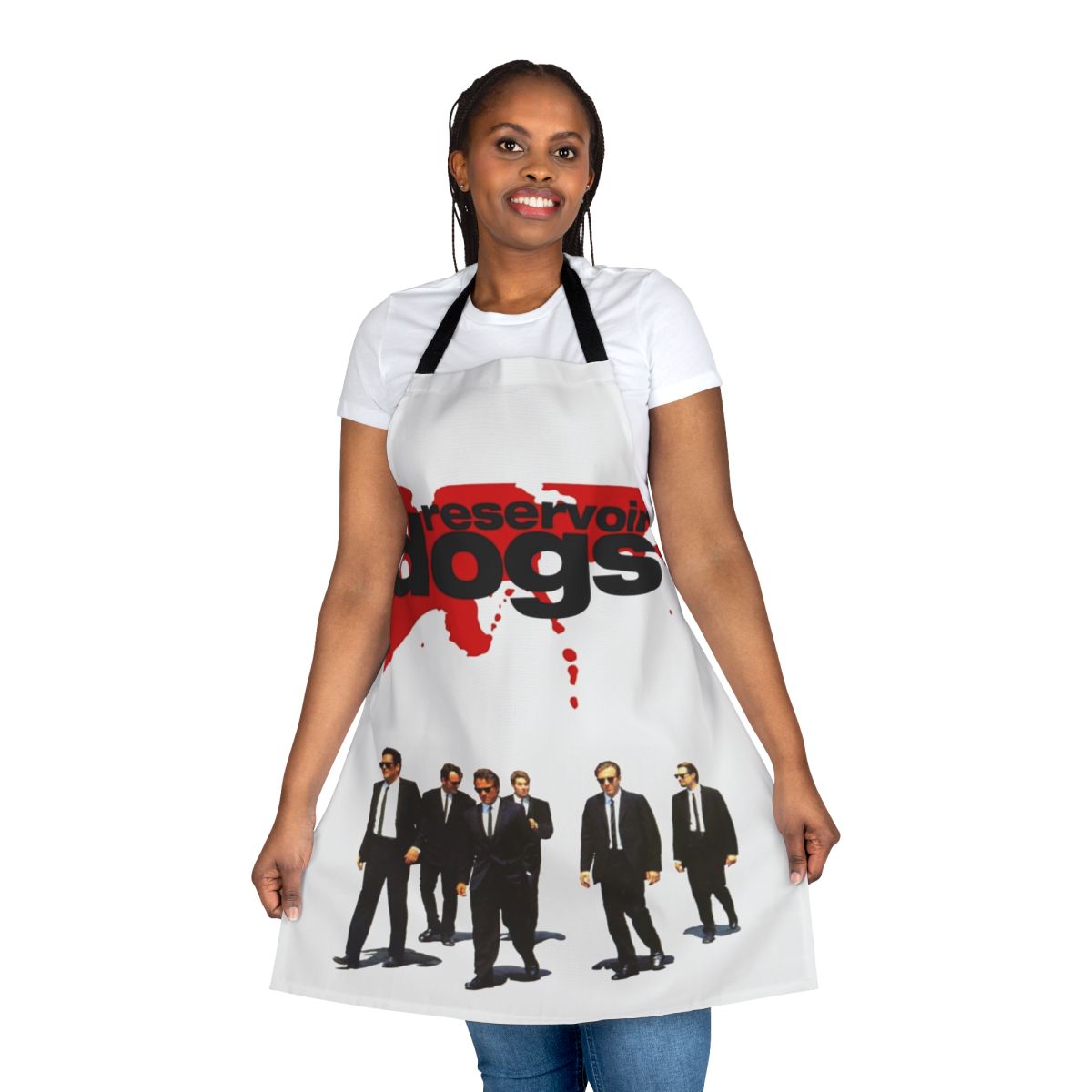 A black apron featuring the Reservoir Dogs movie logo and design, perfect for cooking and entertaining.