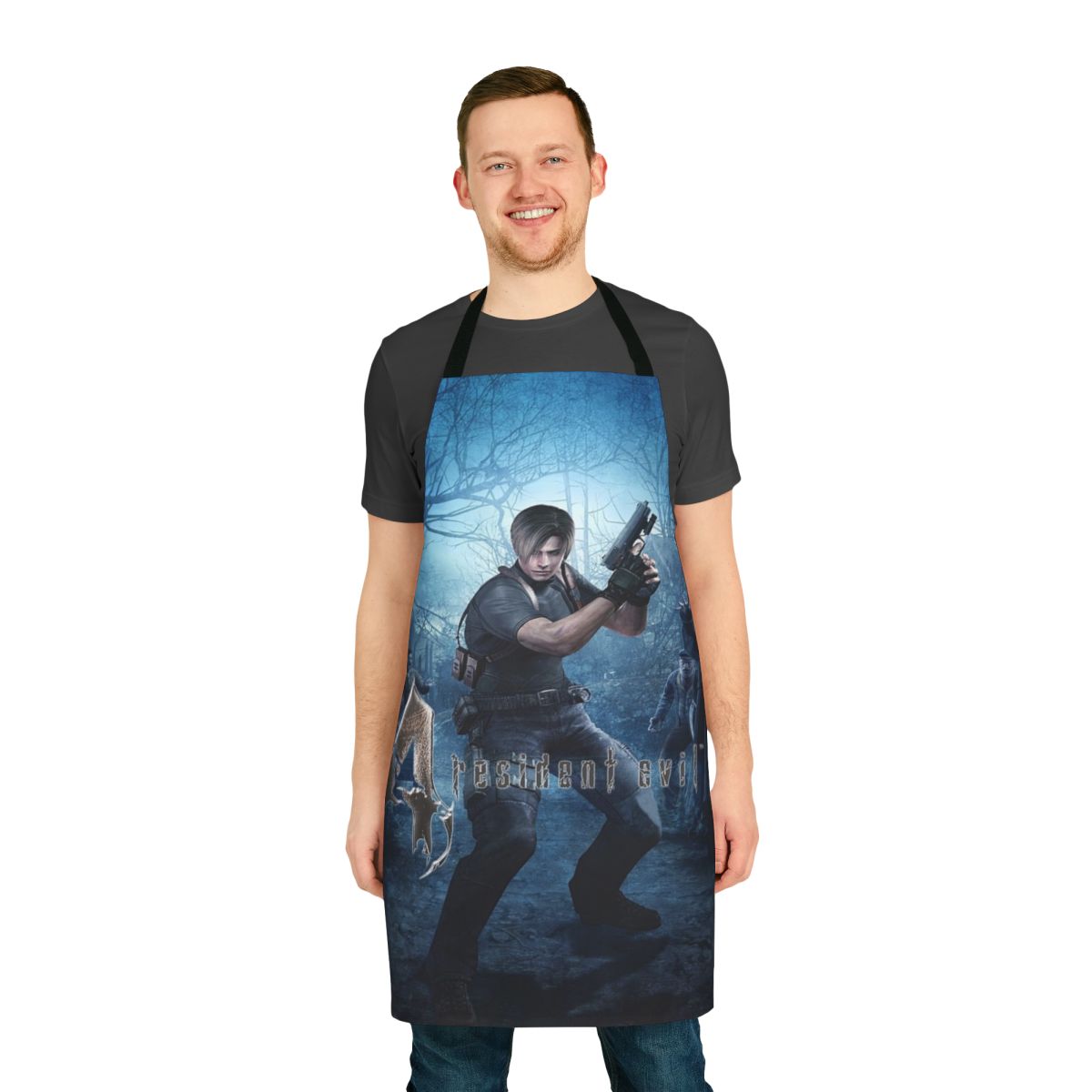 Resident Evil 4-themed apron featuring the character Leon Kennedy