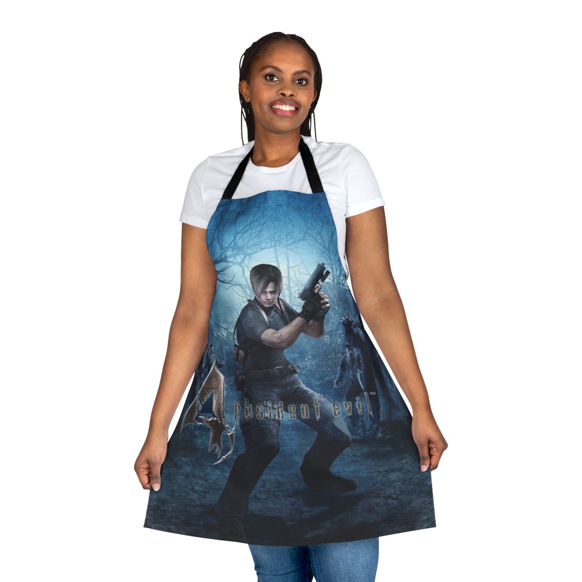 Resident Evil 4-themed apron featuring the character Leon Kennedy