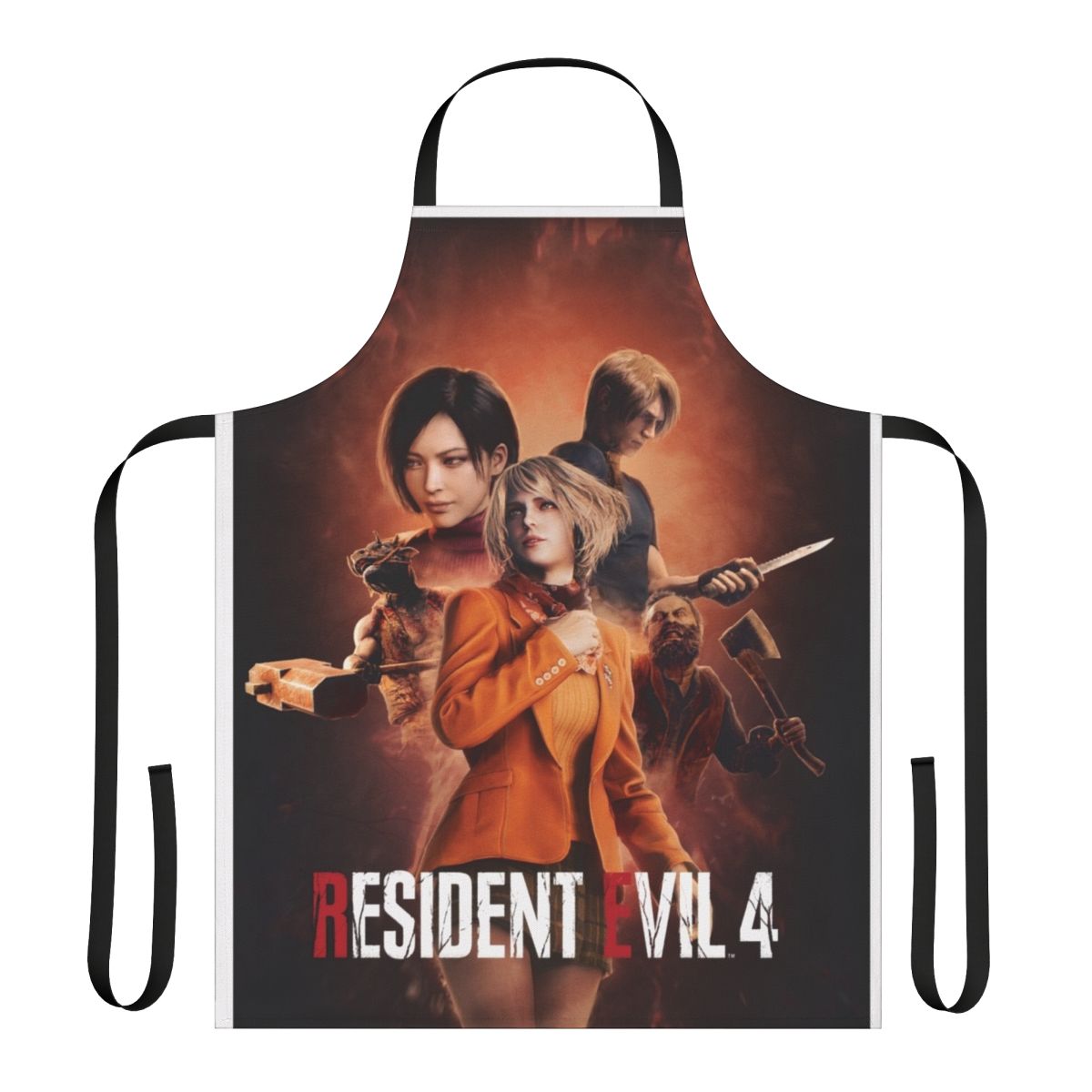 Resident Evil 4 Remake-inspired apron with characters like Leon, Ada, and Ashley