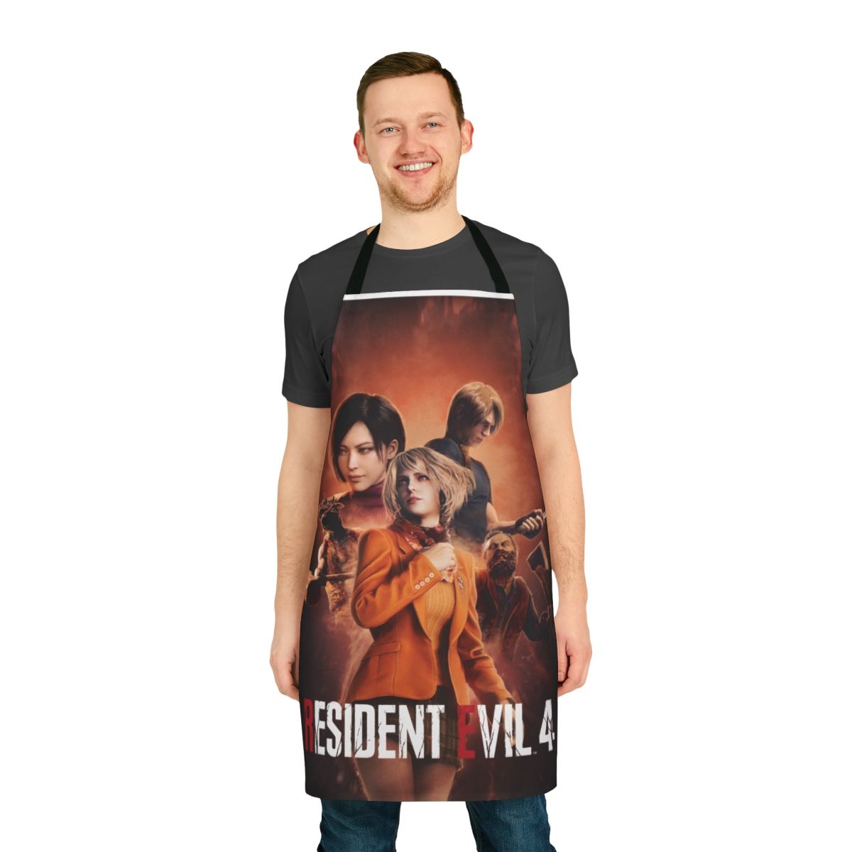 Resident Evil 4 Remake-inspired apron with characters like Leon, Ada, and Ashley