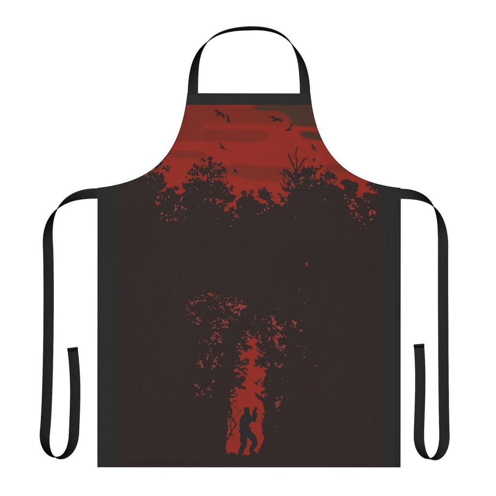 Resident Evil 4-inspired apron featuring the iconic cover art design with Leon S. Kennedy