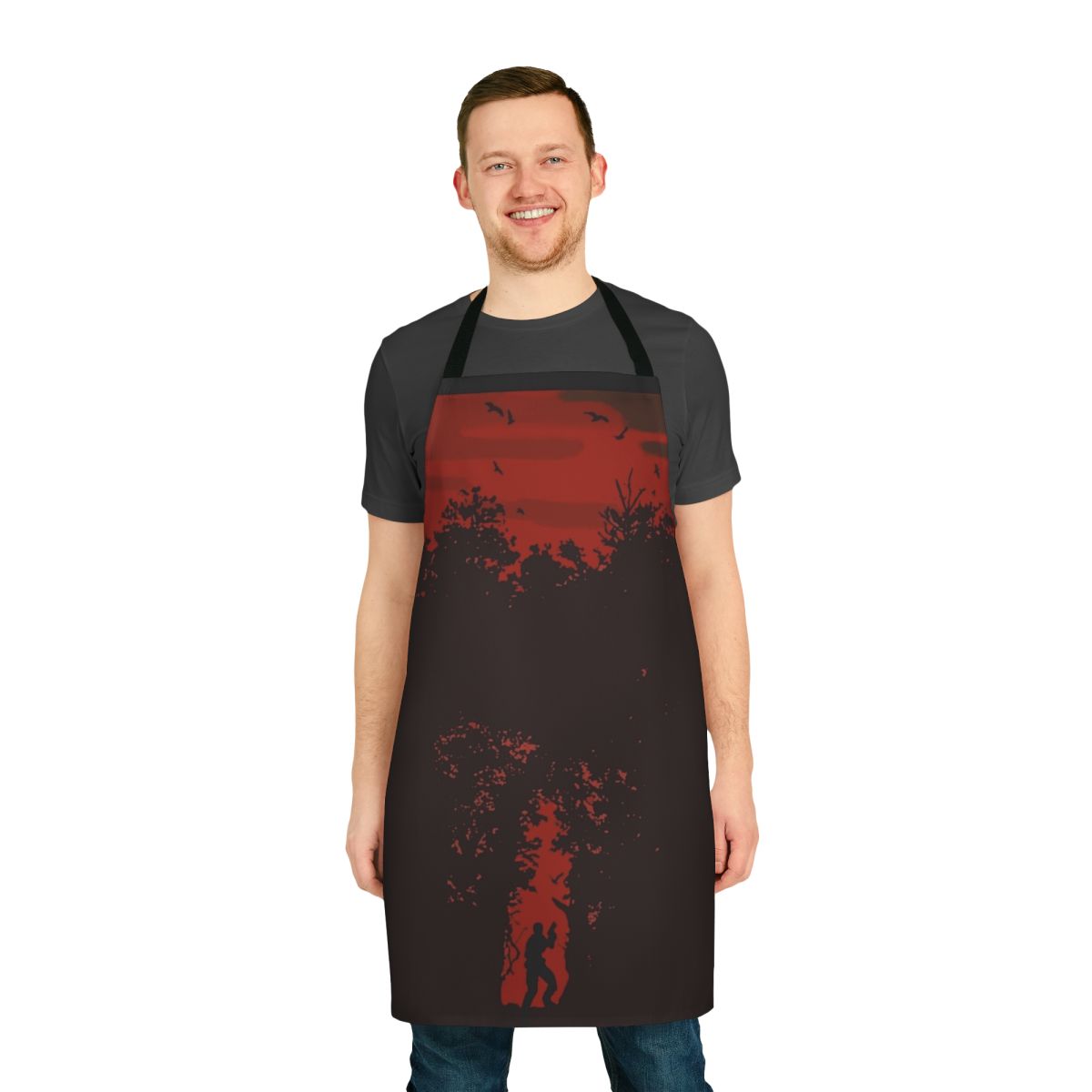 Resident Evil 4-inspired apron featuring the iconic cover art design with Leon S. Kennedy