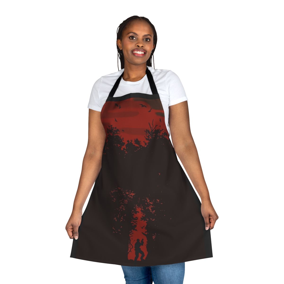 Resident Evil 4-inspired apron featuring the iconic cover art design with Leon S. Kennedy