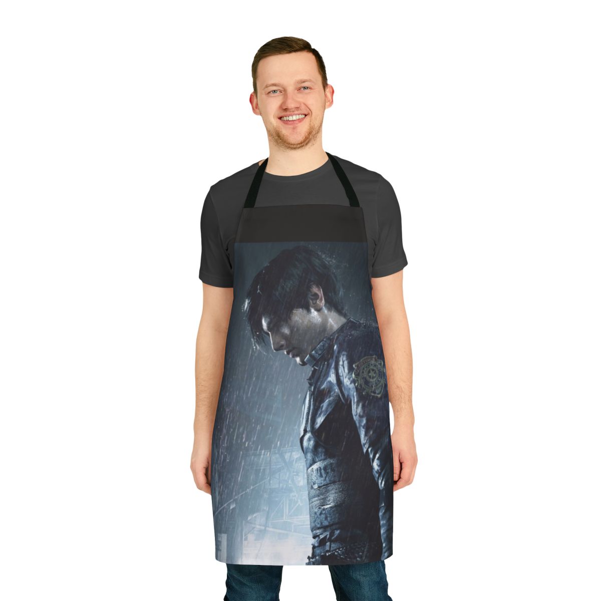 Resident Evil-inspired apron featuring Leon S. Kennedy, the protagonist from the survival horror video game series